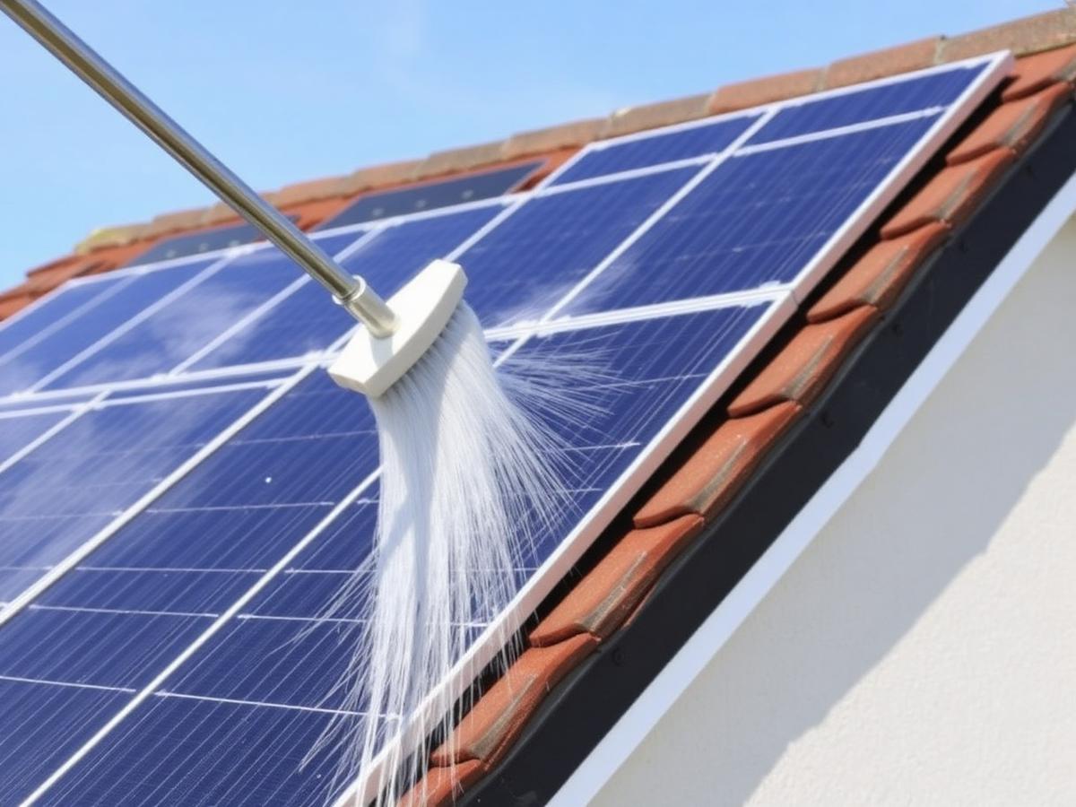 Solar panels being cleaned with a soft brush pole